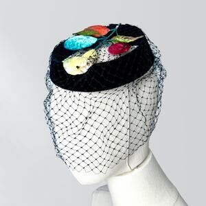 Vintage 60s Pillbox Black Velvet Fruit Veiled Hat